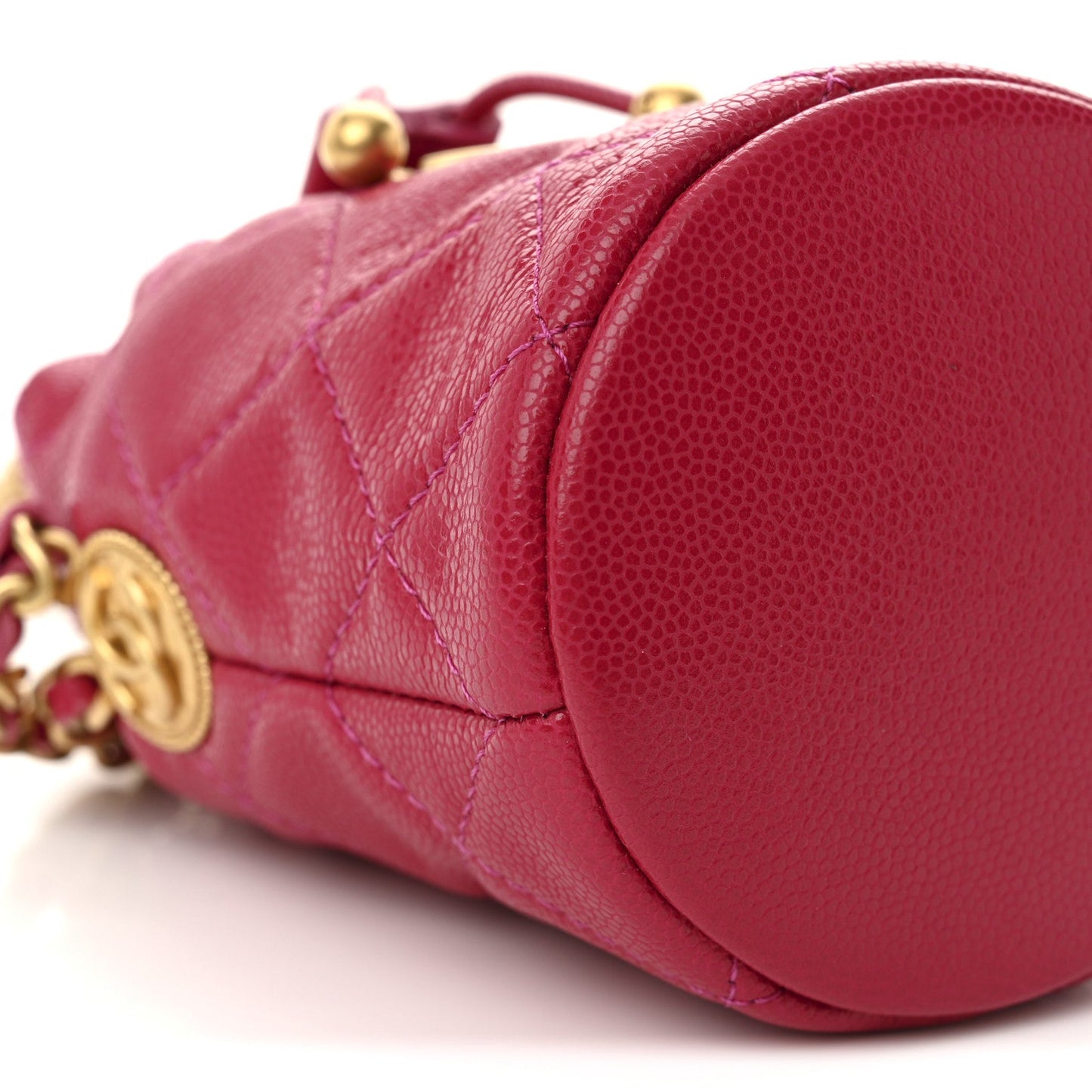 Caviar Quilted Twist Your Buttons Mini Bucket Bag Fuchsia