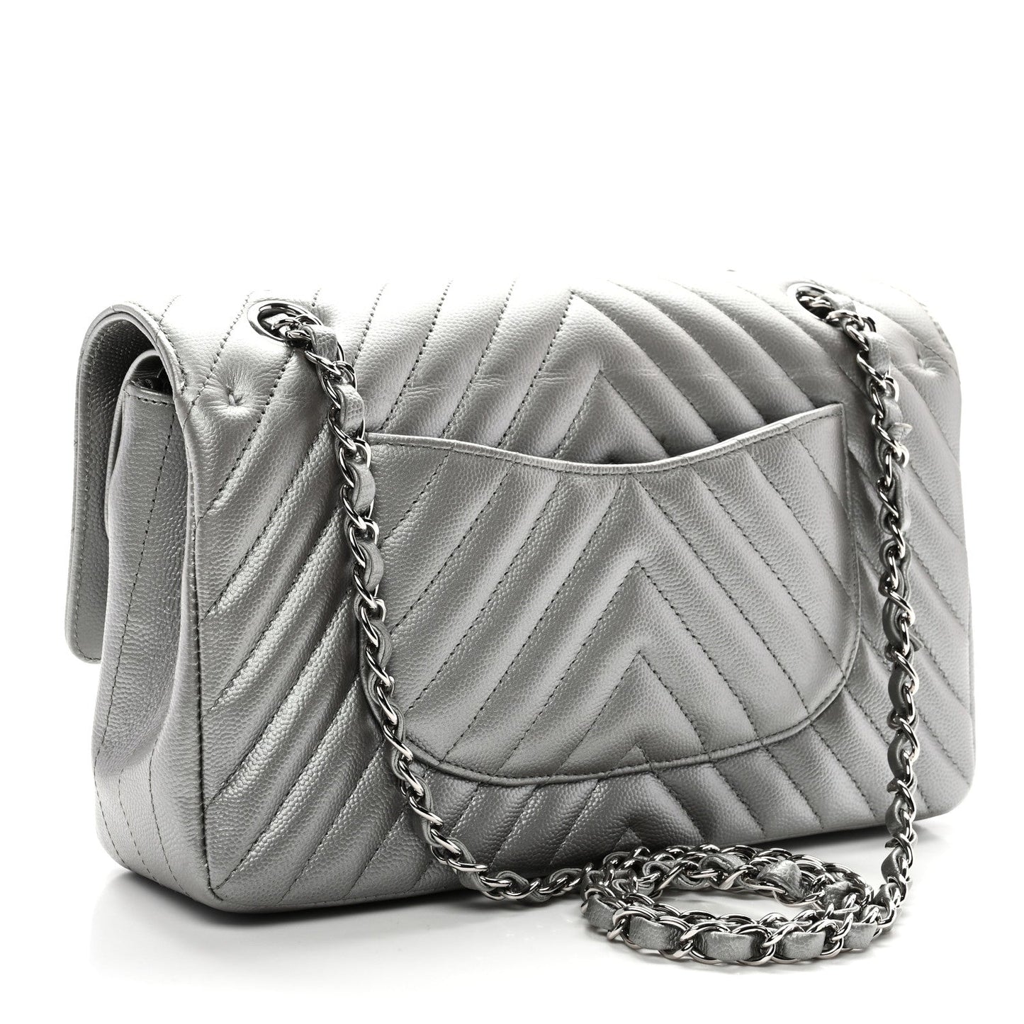 Metallic Caviar Chevron Quilted Medium Double Flap Silver