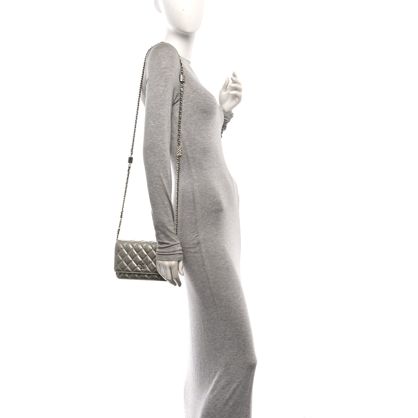 Metallic Crumpled Calfskin Quilted Flap Charm Wallet On Chain WOC Silver