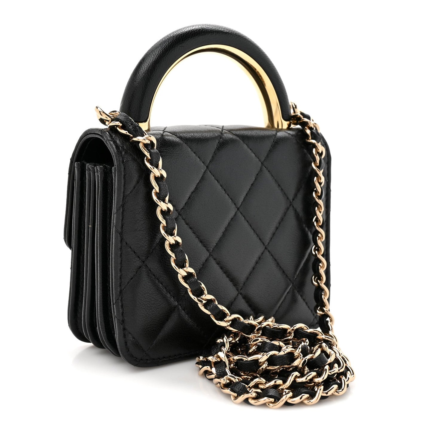 Lambskin Metal Quilted Top Handle Flap Clutch With Chain Black