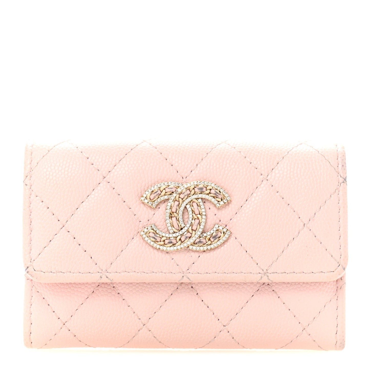 Caviar Quilted Crystal CC Flap Card Holder Pink
