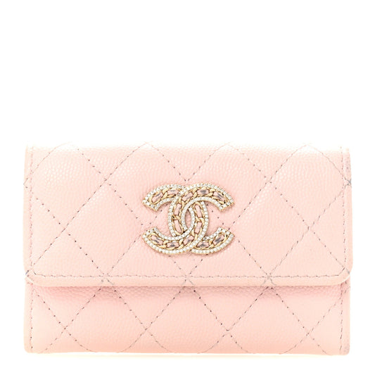 Caviar Quilted Crystal CC Flap Card Holder Pink