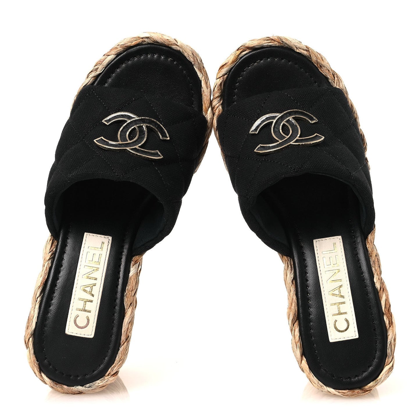 Canvas Raffia Wedge Sandals 35 Black
