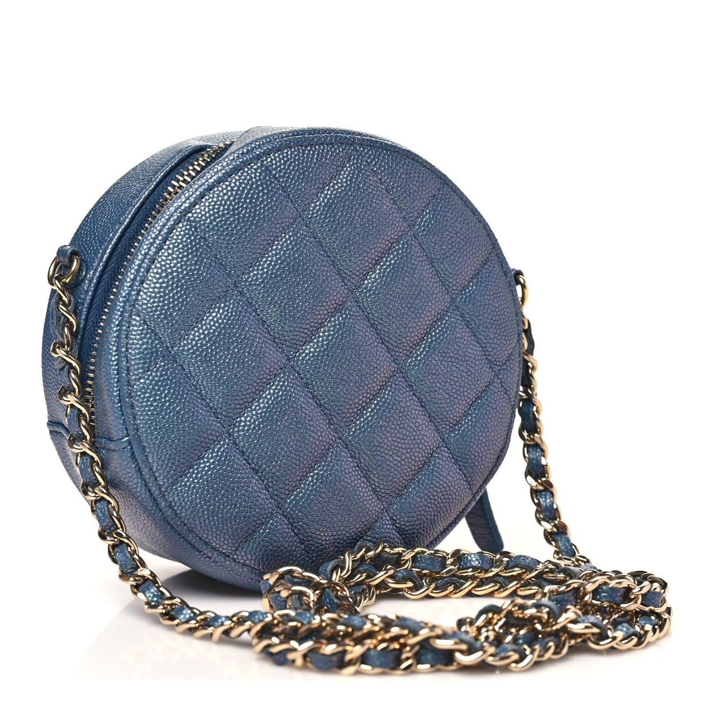 Iridescent Caviar Quilted Round Clutch With Chain Blue