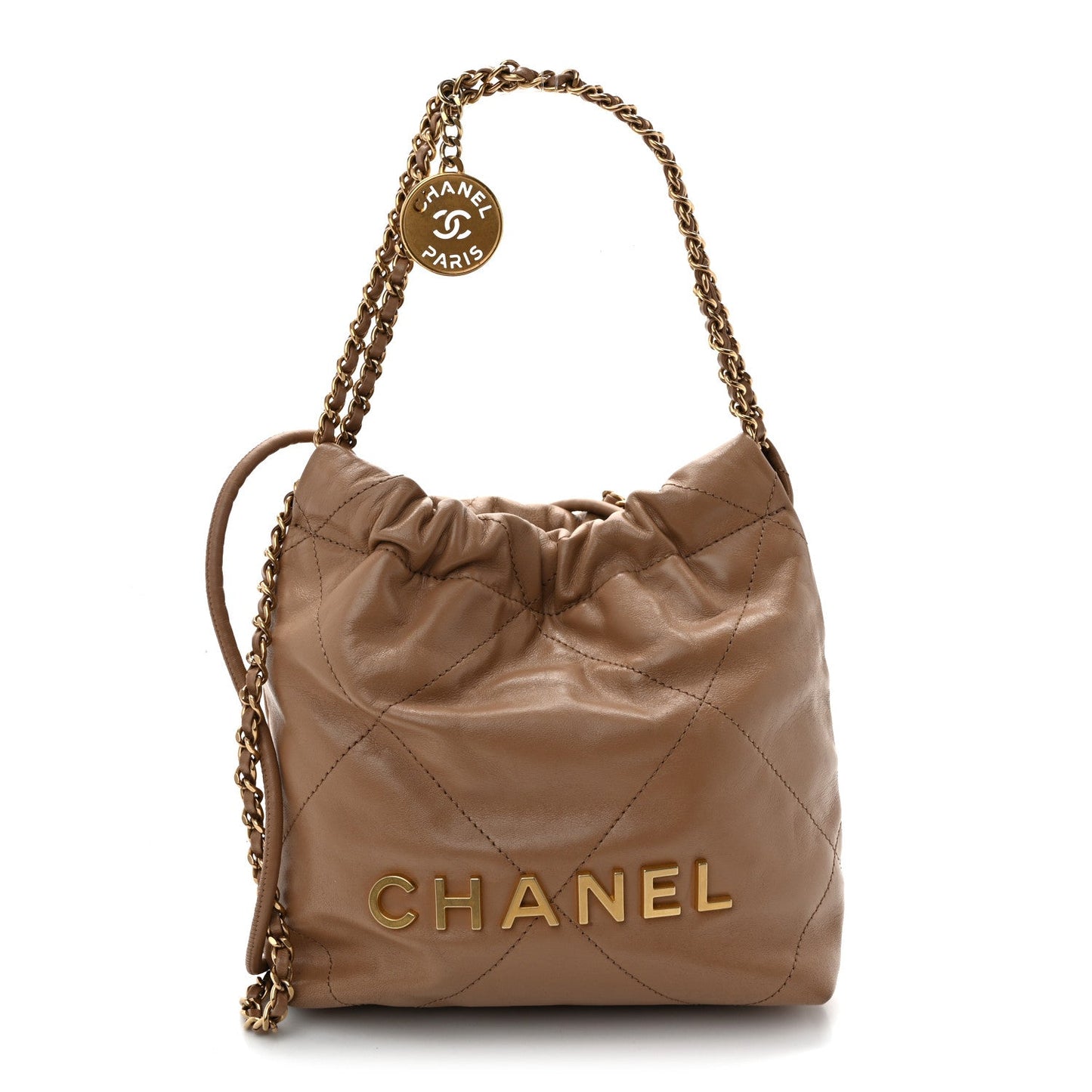 Shiny Calfskin Quilted Mini Chanel 22 Dark Beige
