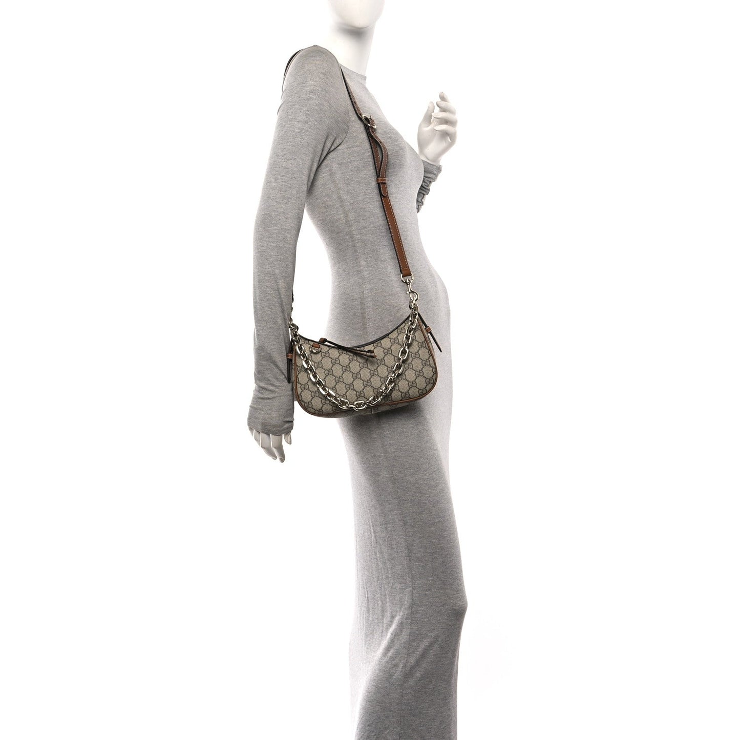 GG Supreme Monogram Textured Calfskin Small Emblem Shoulder Bag Beige Dark Brown