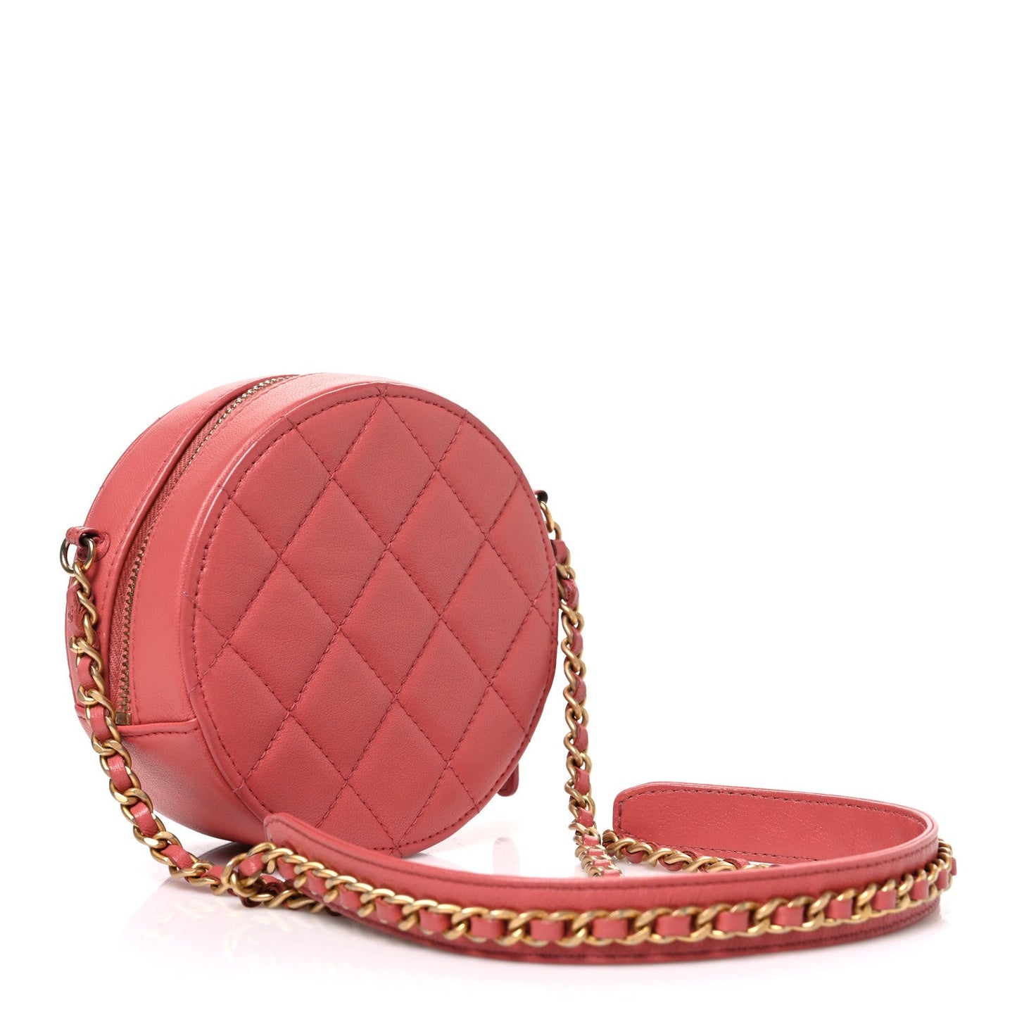 Goatskin Quilted Chanel 19 Round Clutch With Chain  Coral