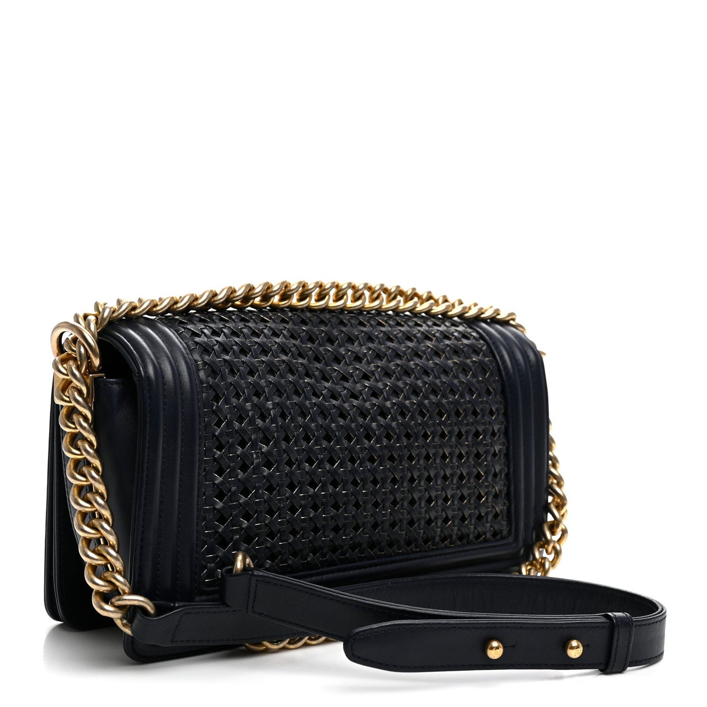 Lambskin Braided Woven Medium Boy Flap  Navy