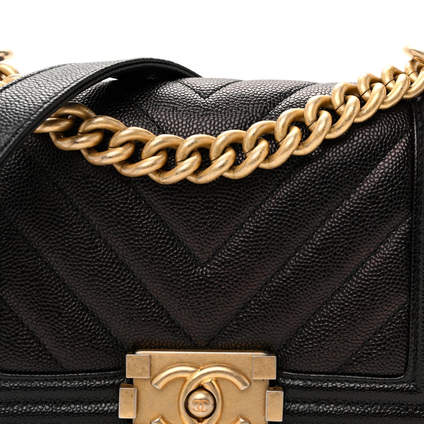 Caviar Chevron Quilted Small Boy Flap Black