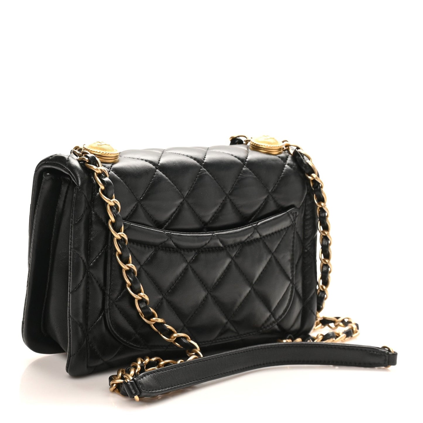 Shiny Lambskin Flap Clutch With Chain Black