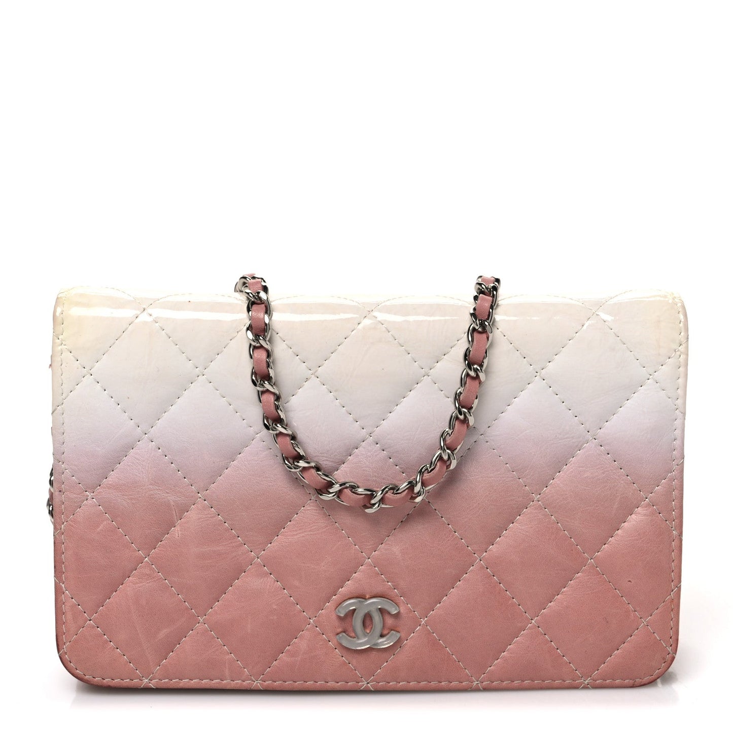 Ombre Patent Calfskin Quilted Wallet on Chain WOC Pink White