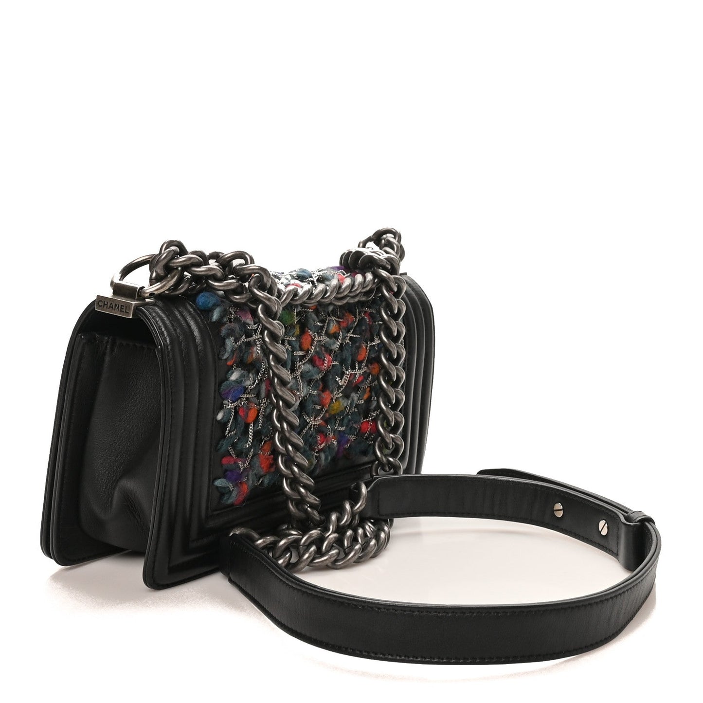 Calfskin Tweed Chain Small Boy Flap Black