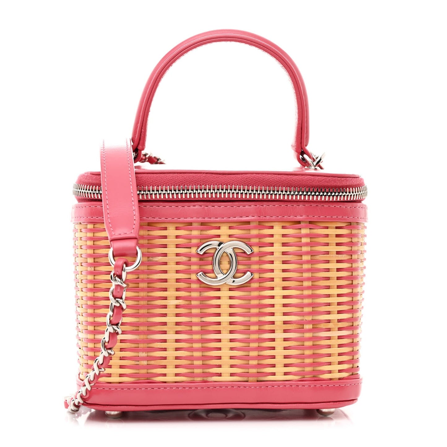 Calfskin Raffia Small Take Away Vanity Case Bag Pink Beige