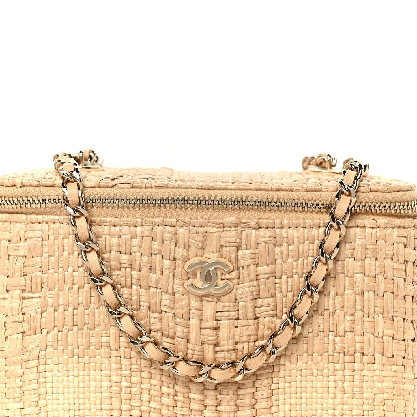 Braided Raffia Top Handle Slim Vanity Case With Chain Beige