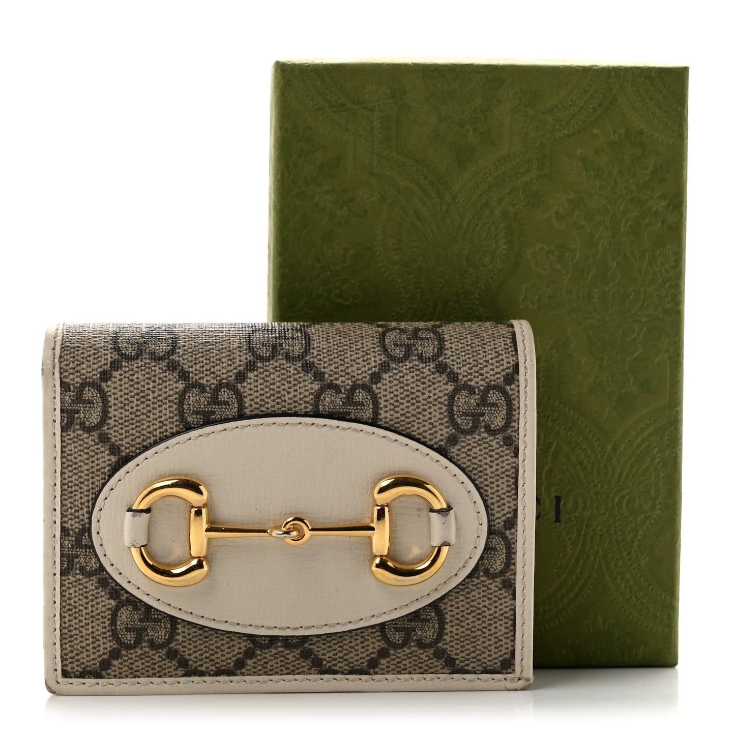 GG Supreme Monogram Azalea Calfskin Horsebit 1955 Card Case Wallet Beige Ebony Mystic White