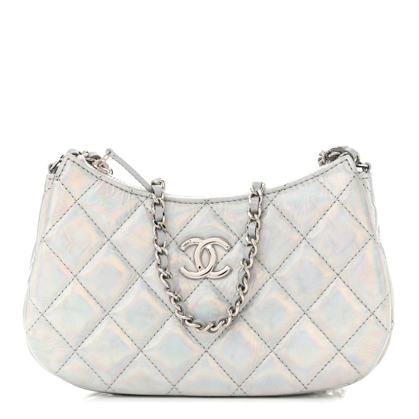 Iridescent Mirror Goatskin Quilted Clutch With Chain Silver