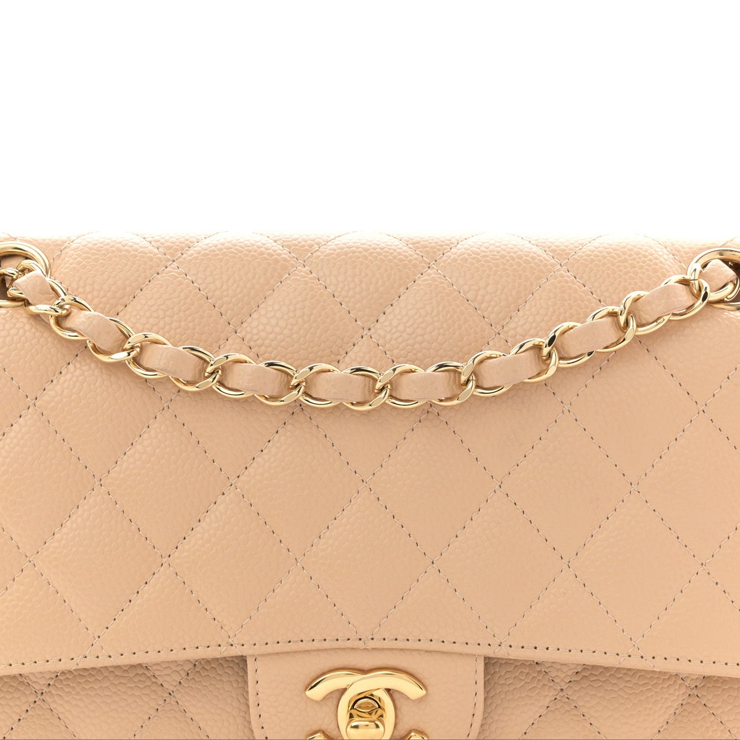 Caviar Quilted Medium Double Flap Beige