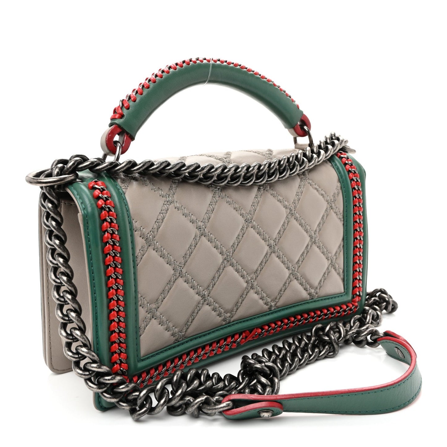 Lambskin Quilted Medium Top Handle Boy Flap Grey Green Red