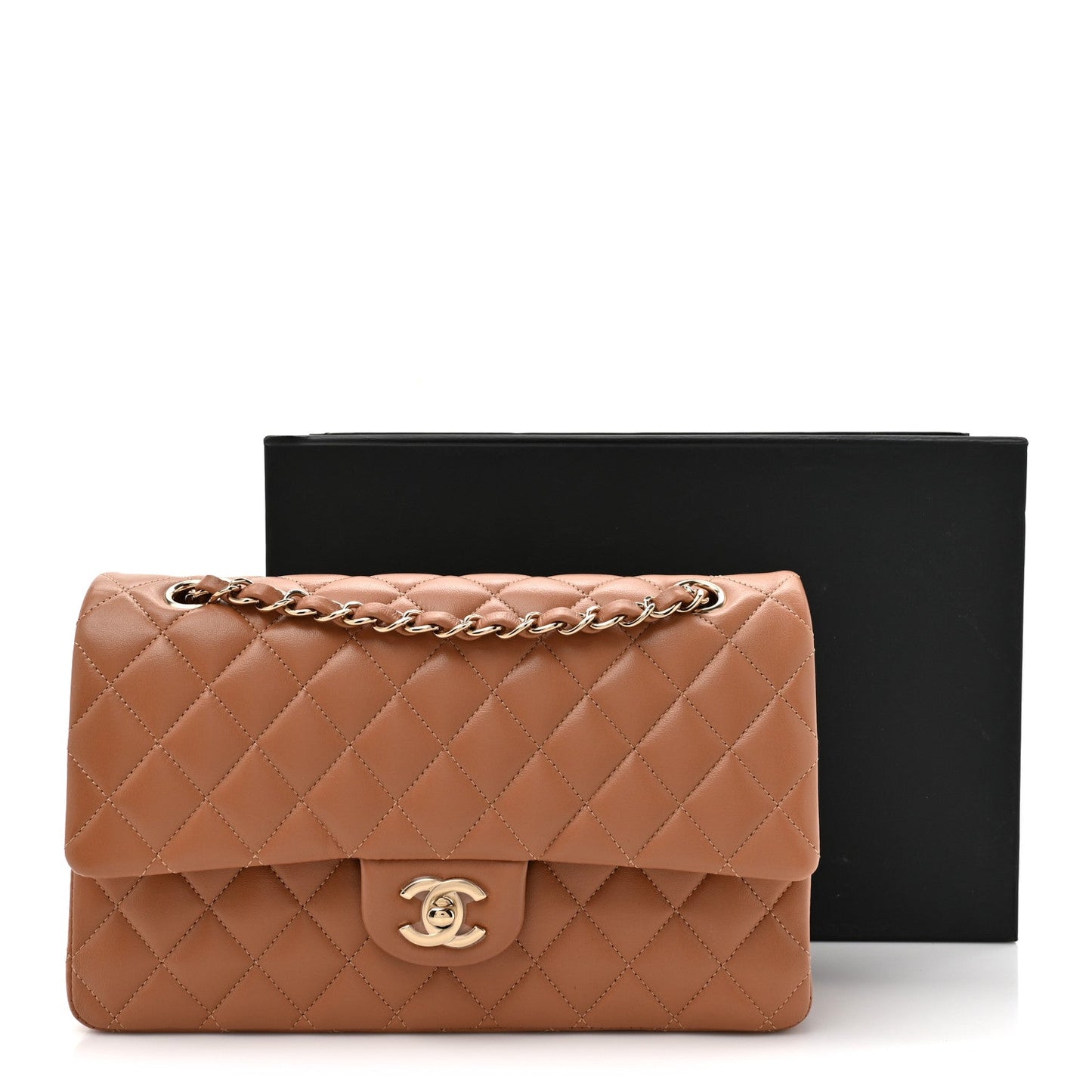 Lambskin Quilted Medium Double Flap Brown