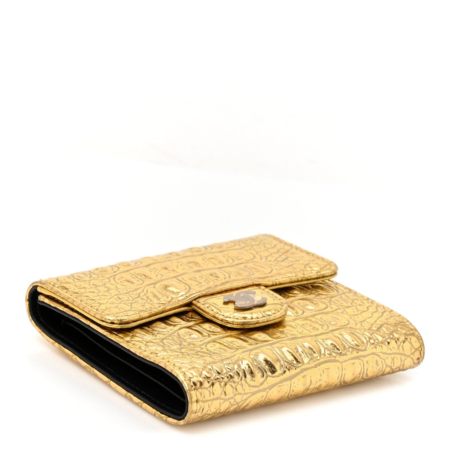 Metallic Calfskin Crocodile Embossed Cocodile Compact Flap Wallet  Gold