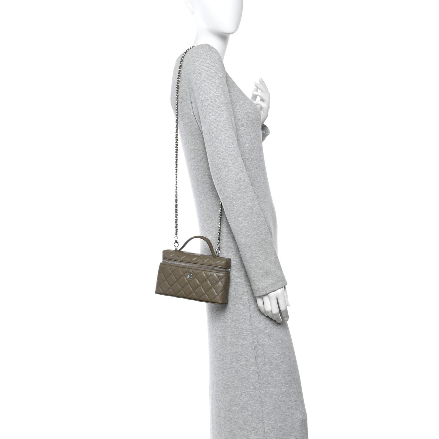Caviar Quilted Top Handle Slim Vanity With Chain Dark Khaki