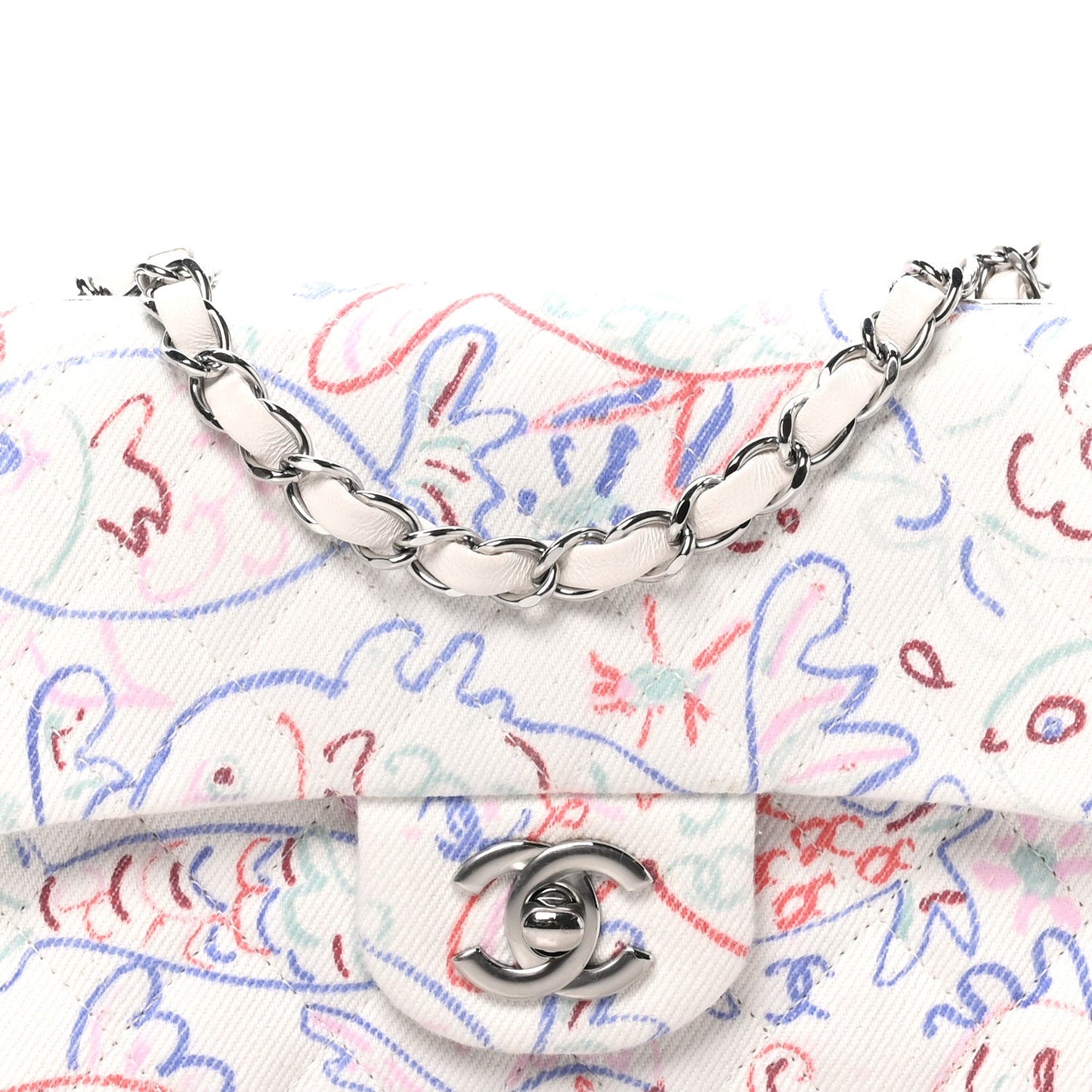 Denim Printed Fish Quilted Mini Rectangular Flap White Multicolor