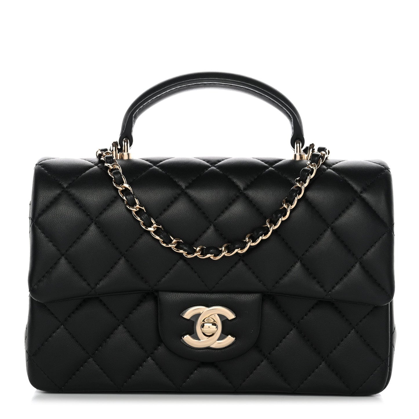 Lambskin Quilted Mini Top Handle Rectangular Flap Black