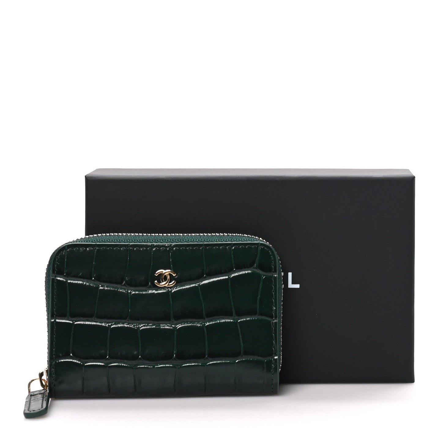 Calfskin Crocodile Embossed Crococo Zip Coin Purse Emerald