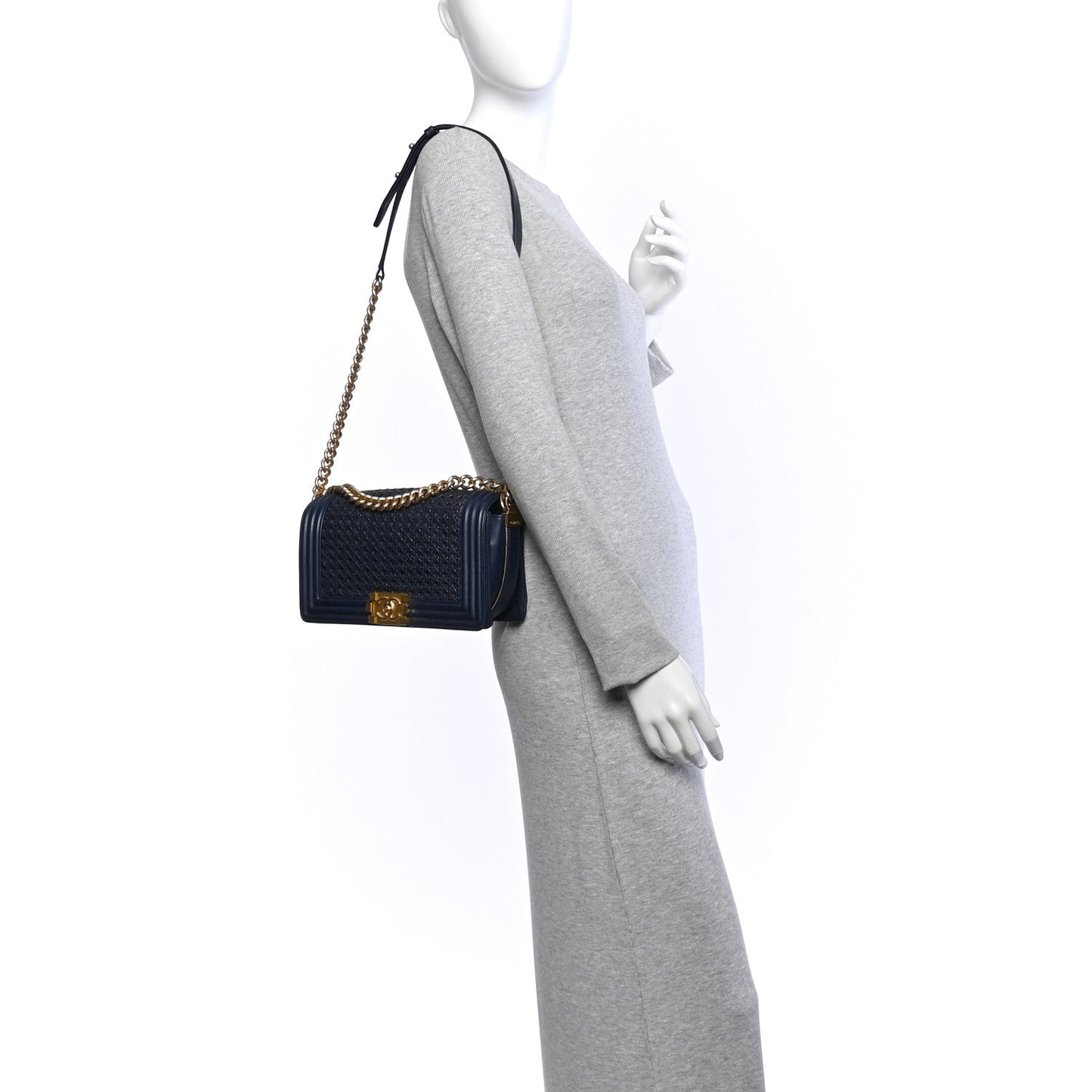 Lambskin Braided Woven Medium Boy Flap  Navy