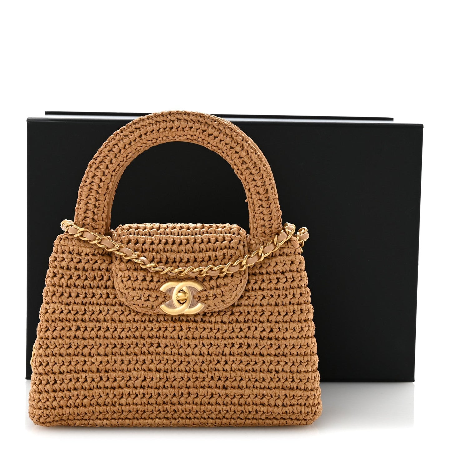 Braided Raffia Nano Kelly Flap Bag Dark Beige