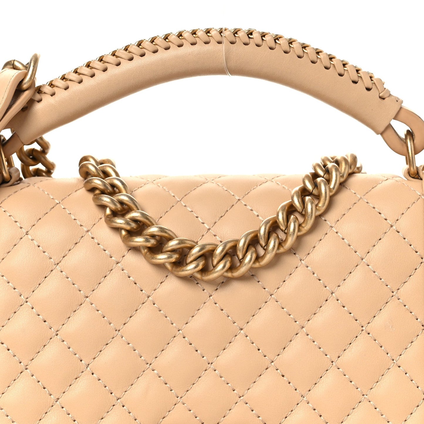 Calfskin Quilted Medium Boy Top Handle Flap Beige