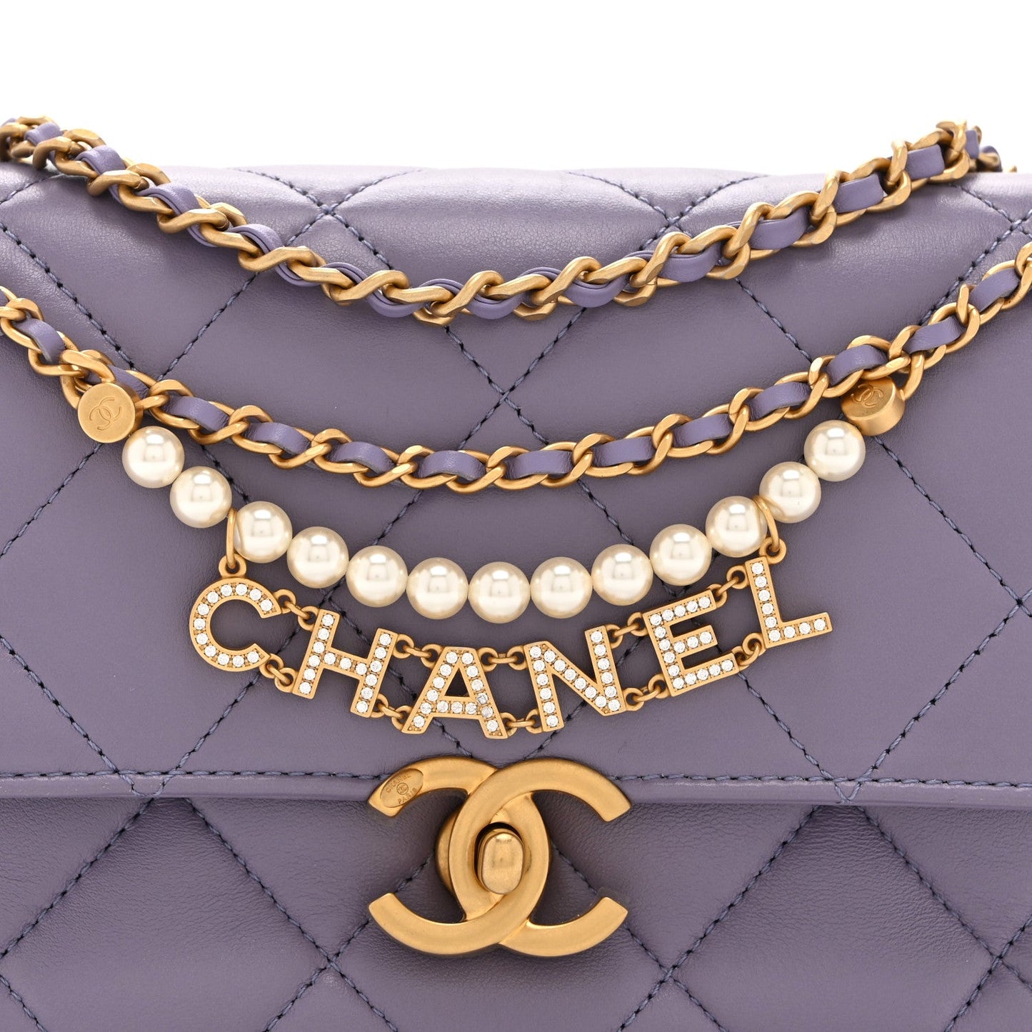 Shiny Lambskin Quilted Mini Pearl Logo Flap Light Purple