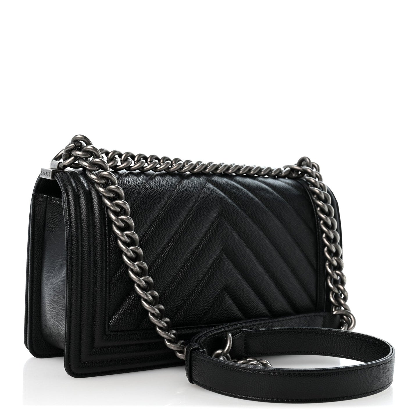 Caviar Chevron Quilted Medium Boy Flap Black