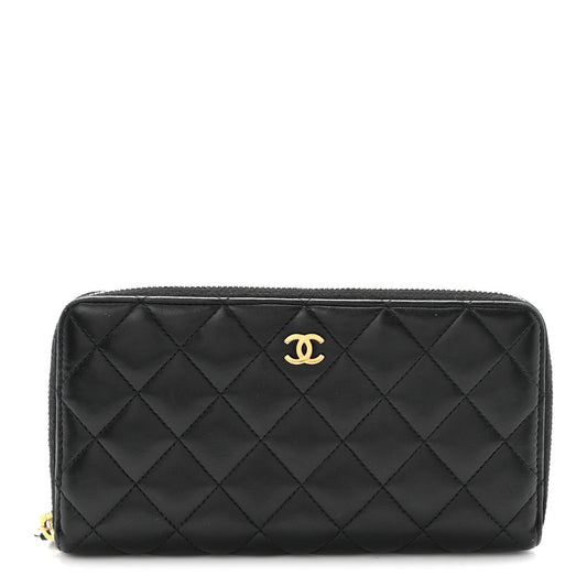 Lambskin Quilted Large Gusset Zip Around Wallet Black