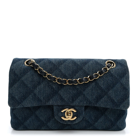 Printed Denim Quilted Small Double Flap Light Blue