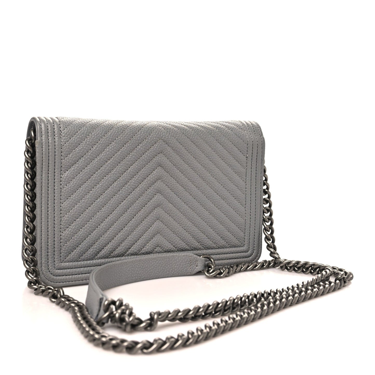 Caviar Chevron Quilted Boy Wallet On Chain WOC Grey