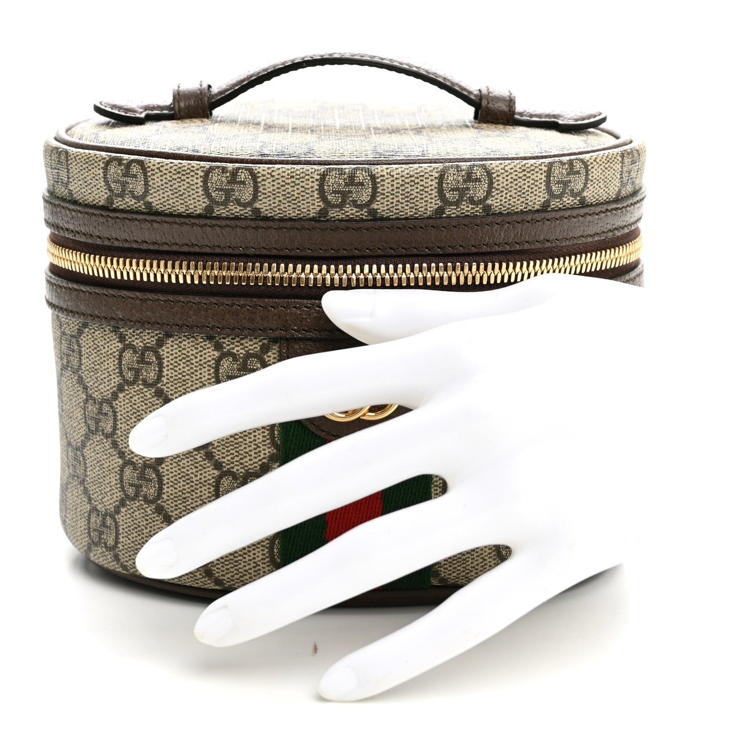 GG Supreme Monogram Textured Calfskin Web Ophidia Vanity Cosmetic Case Beige Ebony New Acero