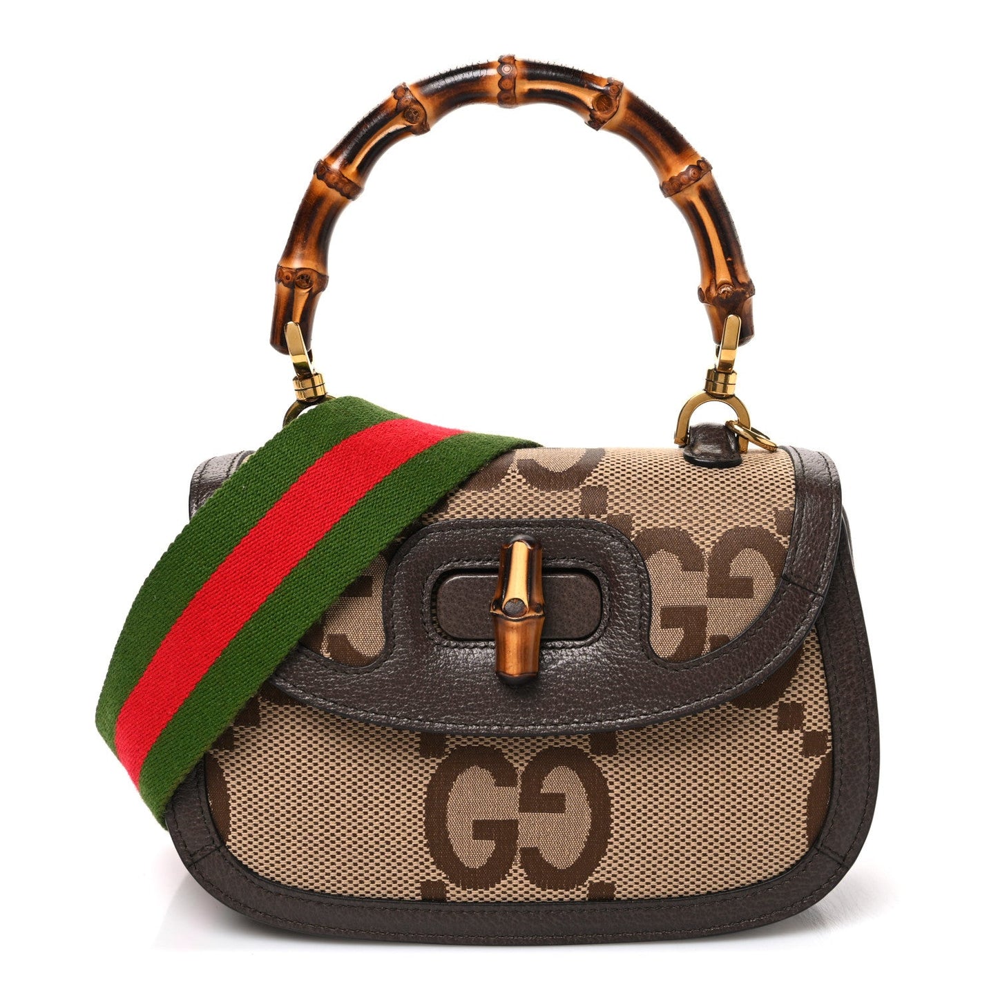 Monogram Jumbo GG Textured Dollar Calfskin Web Small Bamboo 1947 Top Handle Bag Camel Ebony New Acero