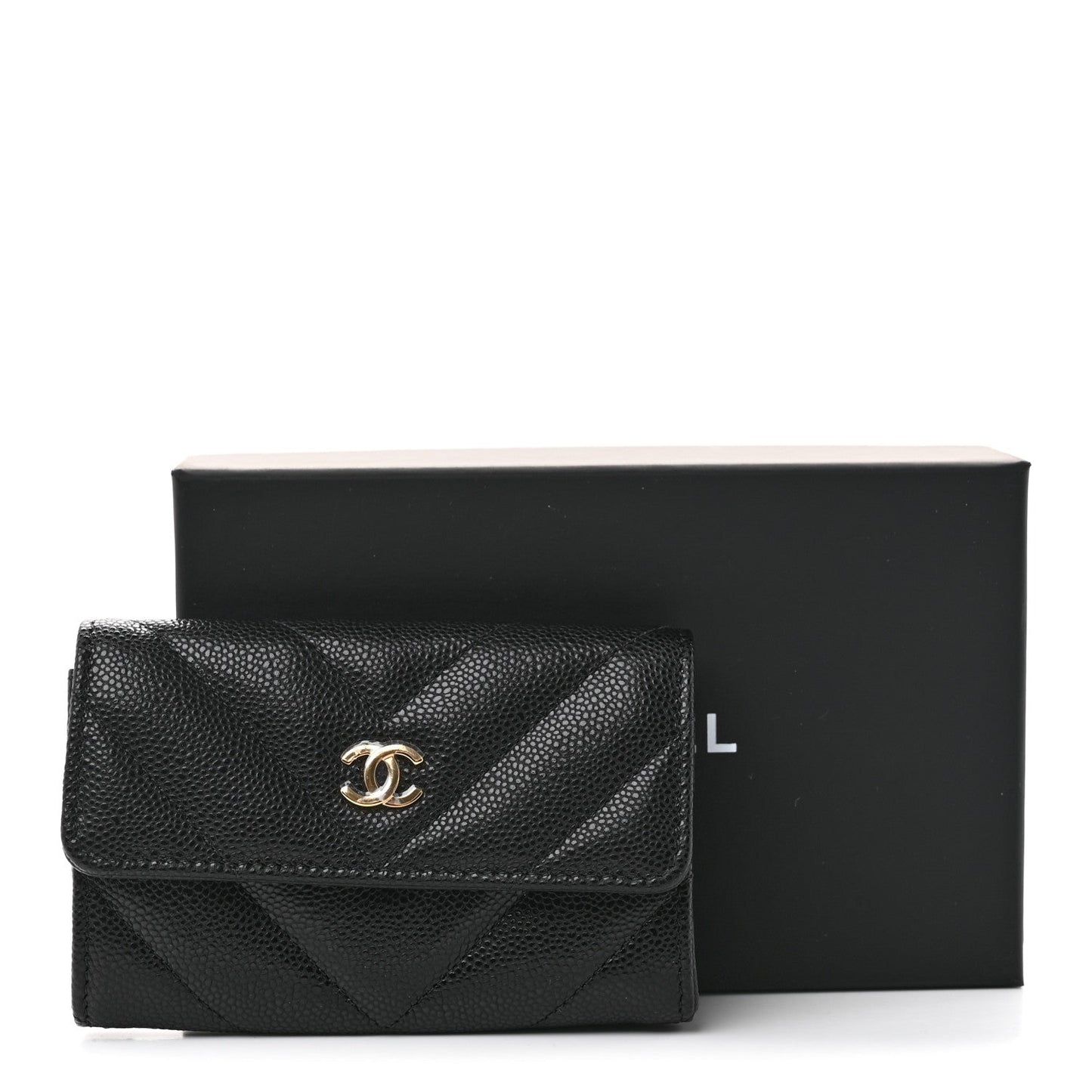 Shiny Caviar Chevron Quilted Flap Card Holder Black