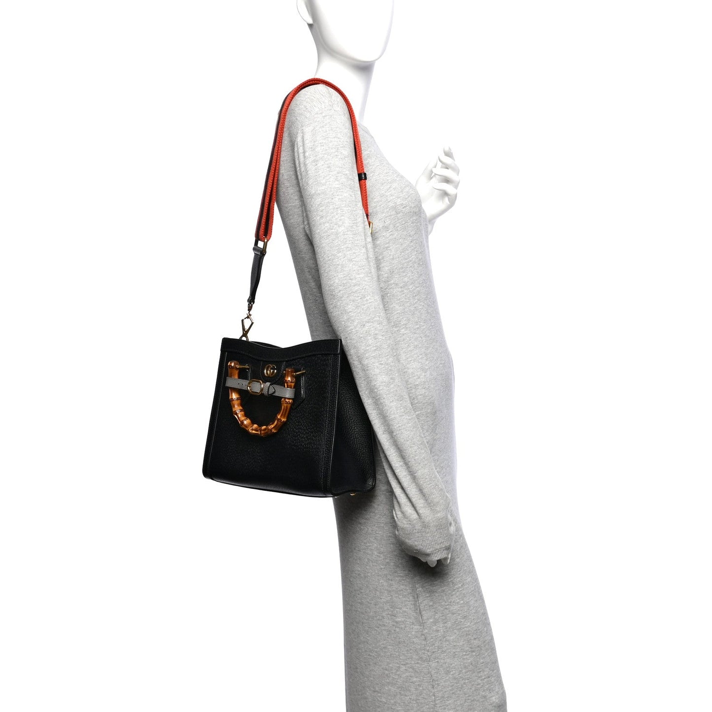 Textured Dollar Calfskin Web Small Diana Tote Bag Black Dusty Grey