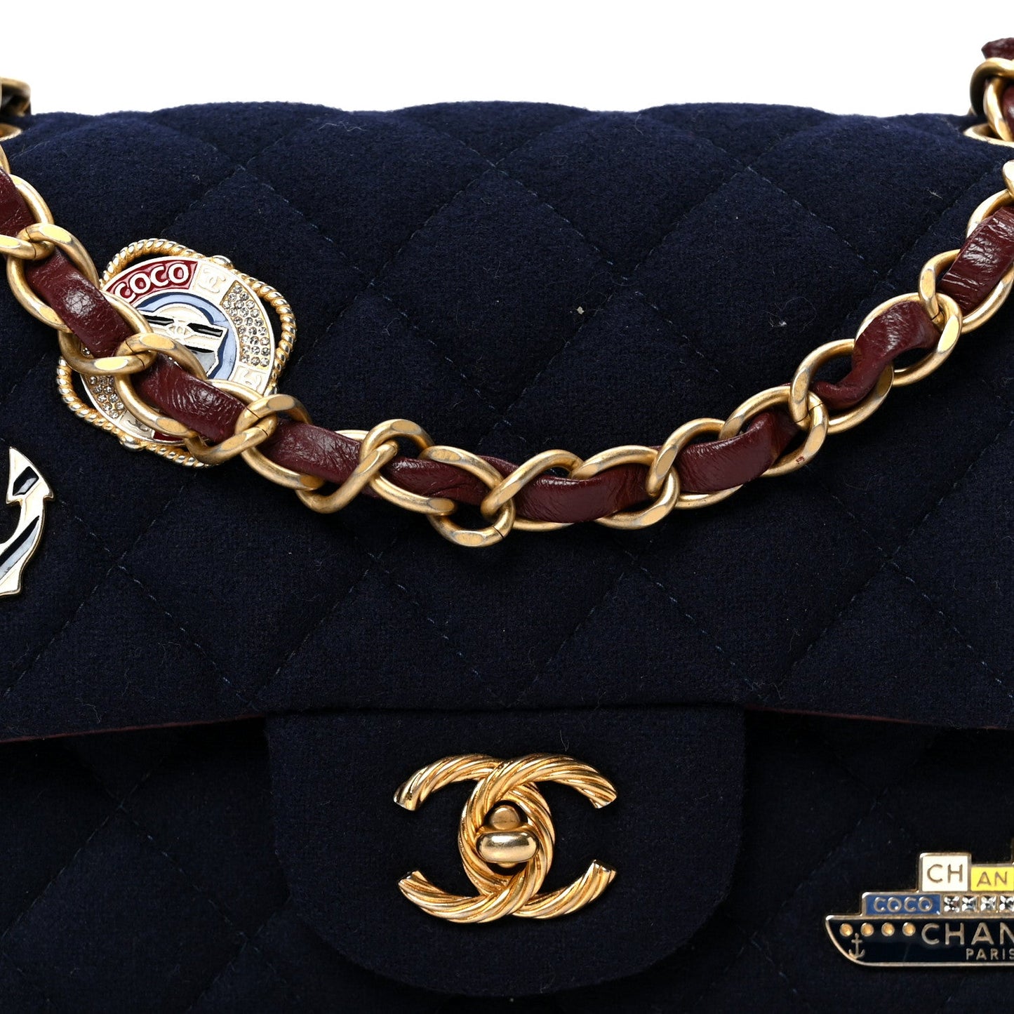 Felt Quilted Paris-Hamburg Charms Mini Rectangular Flap Black Dark Navy