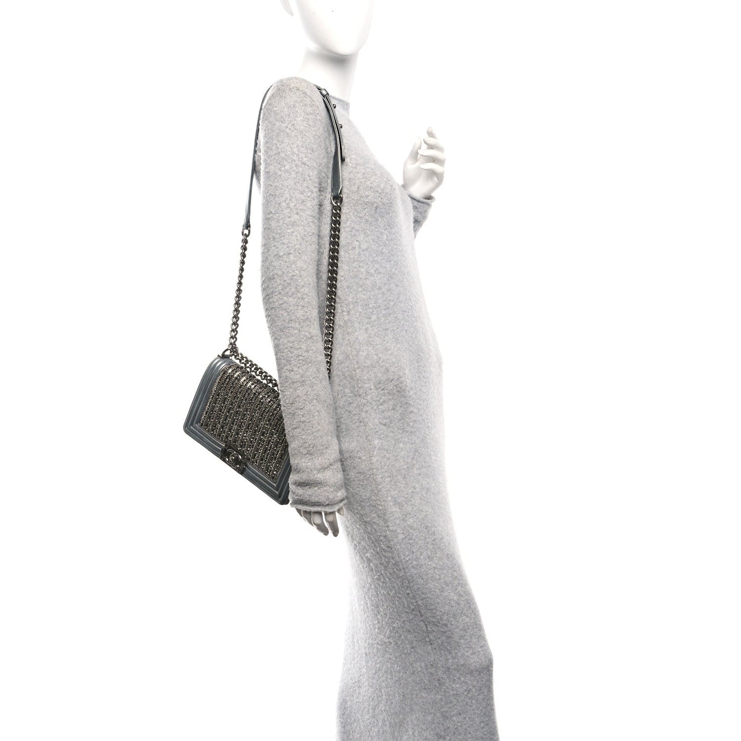Metallic Lambskin Glass Pearl Embroidered Small Boy Flap  Silver
