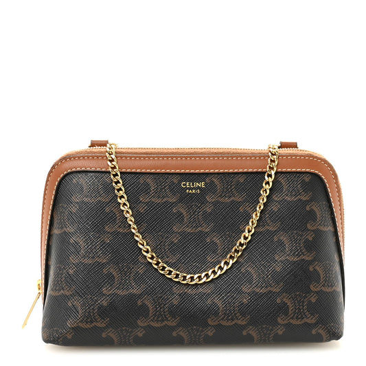 Triomphe Canvas Lambskin Clutch On Chain Tan