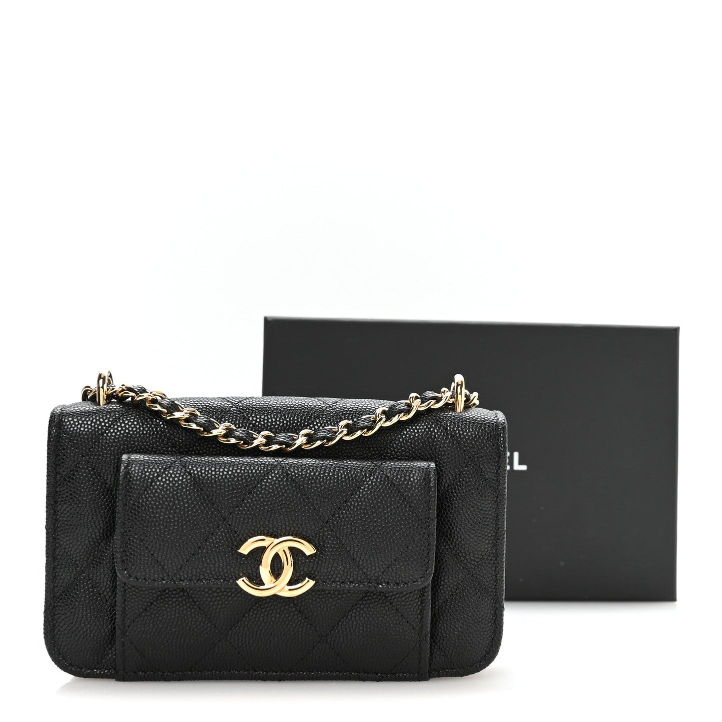 Caviar Quilted Pocket Twins Clutch With Chain  Black