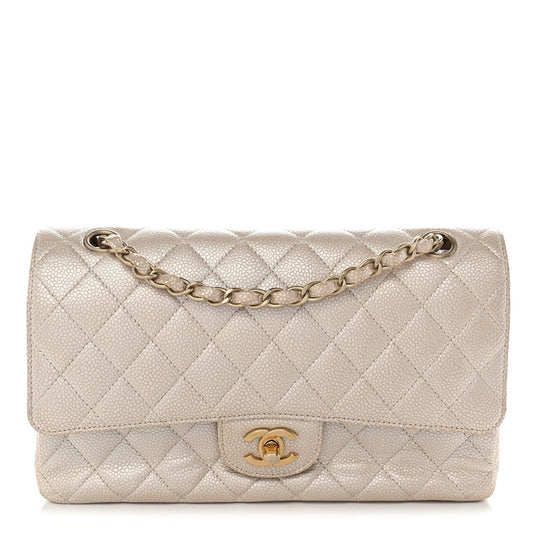 Pearly Caviar Quilted Medium Double Flap Light Beige