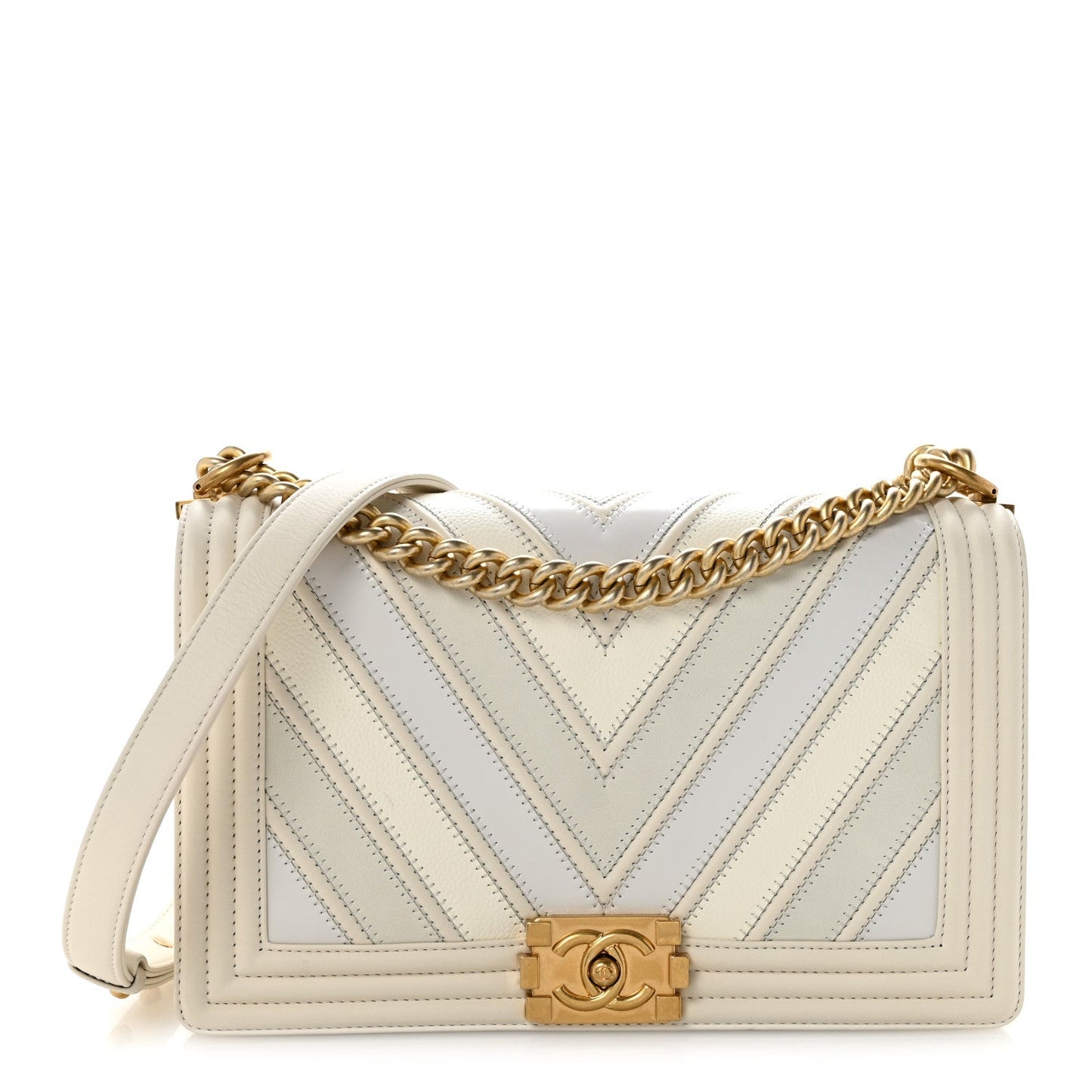 Caviar Calfskin Shiny Calfskin Chevron New Medium Boy Flap White