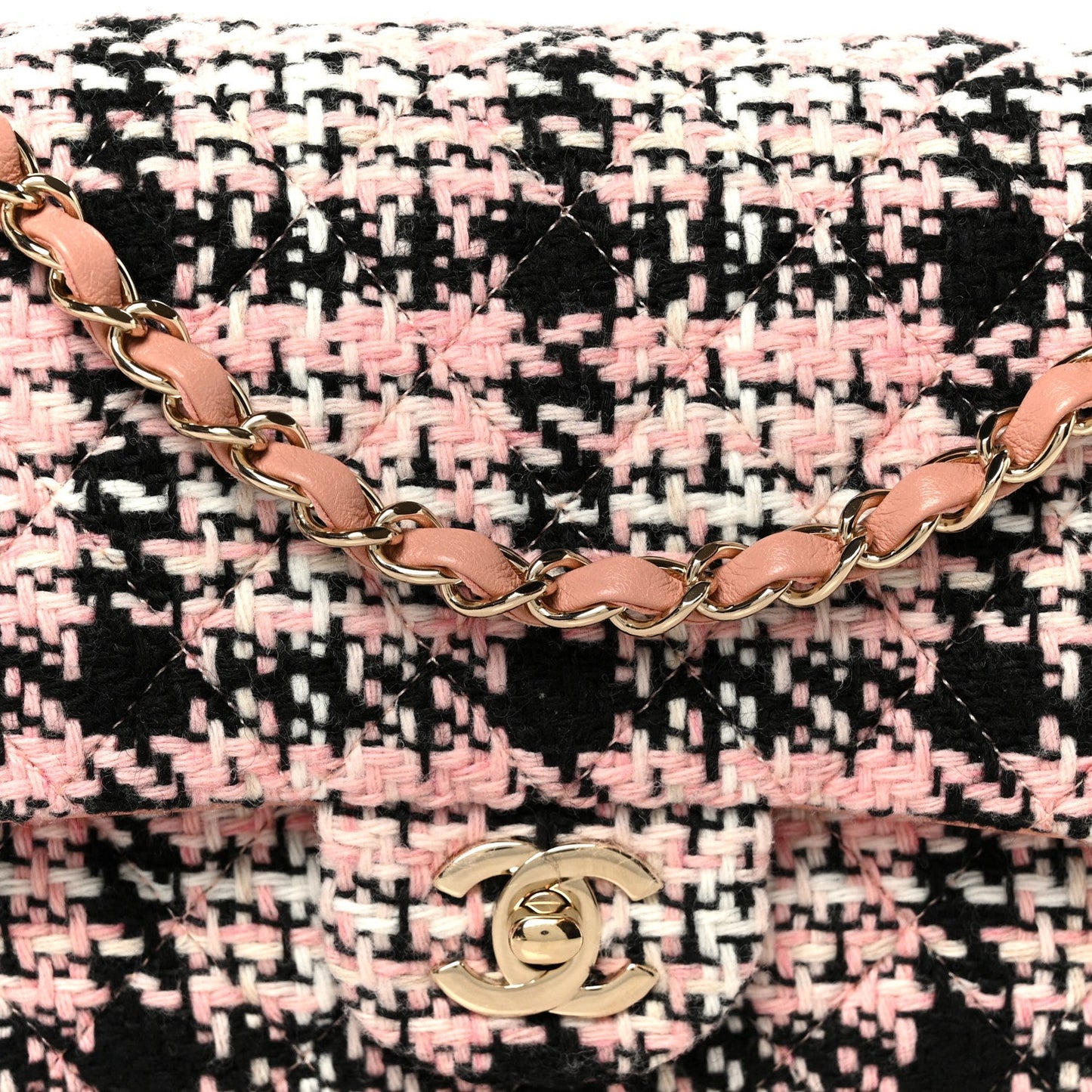 Tweed Quilted Medium Double Flap Pink Black White