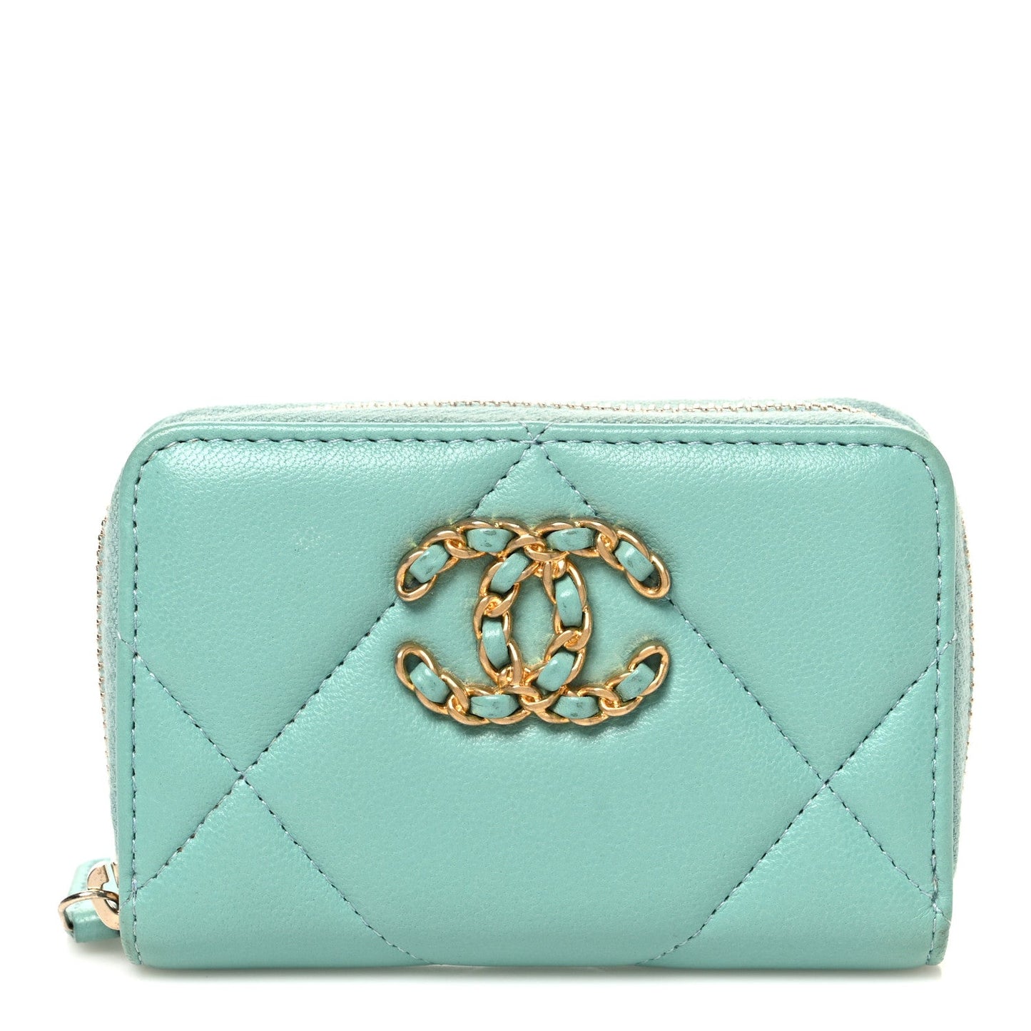Lambskin Quilted Chanel 19 Zip Around Coin Purse Wallet Light Green