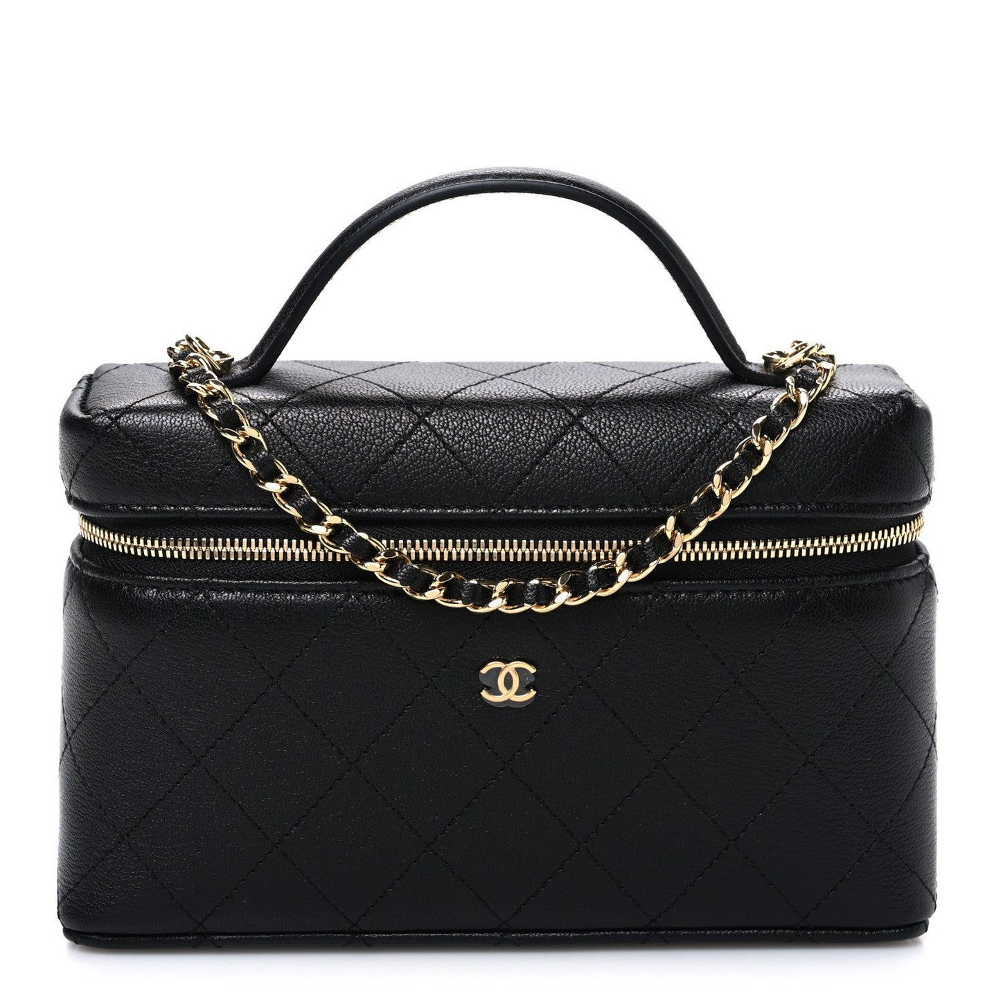 Goatskin Stitched Top Handle Slim Vanity With Chain Black