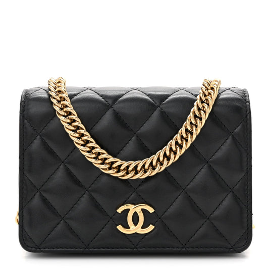 Lambskin Resin Quilted Mini Wallet On Chain WOC Black